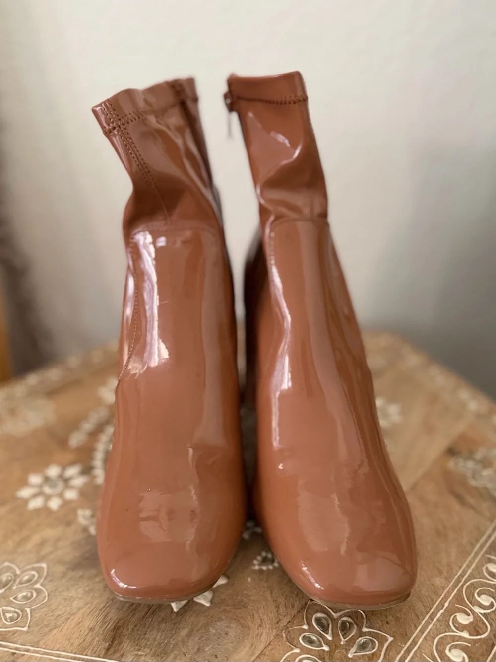 Patent Leather Mid-Heel Ankle Boots - Brown